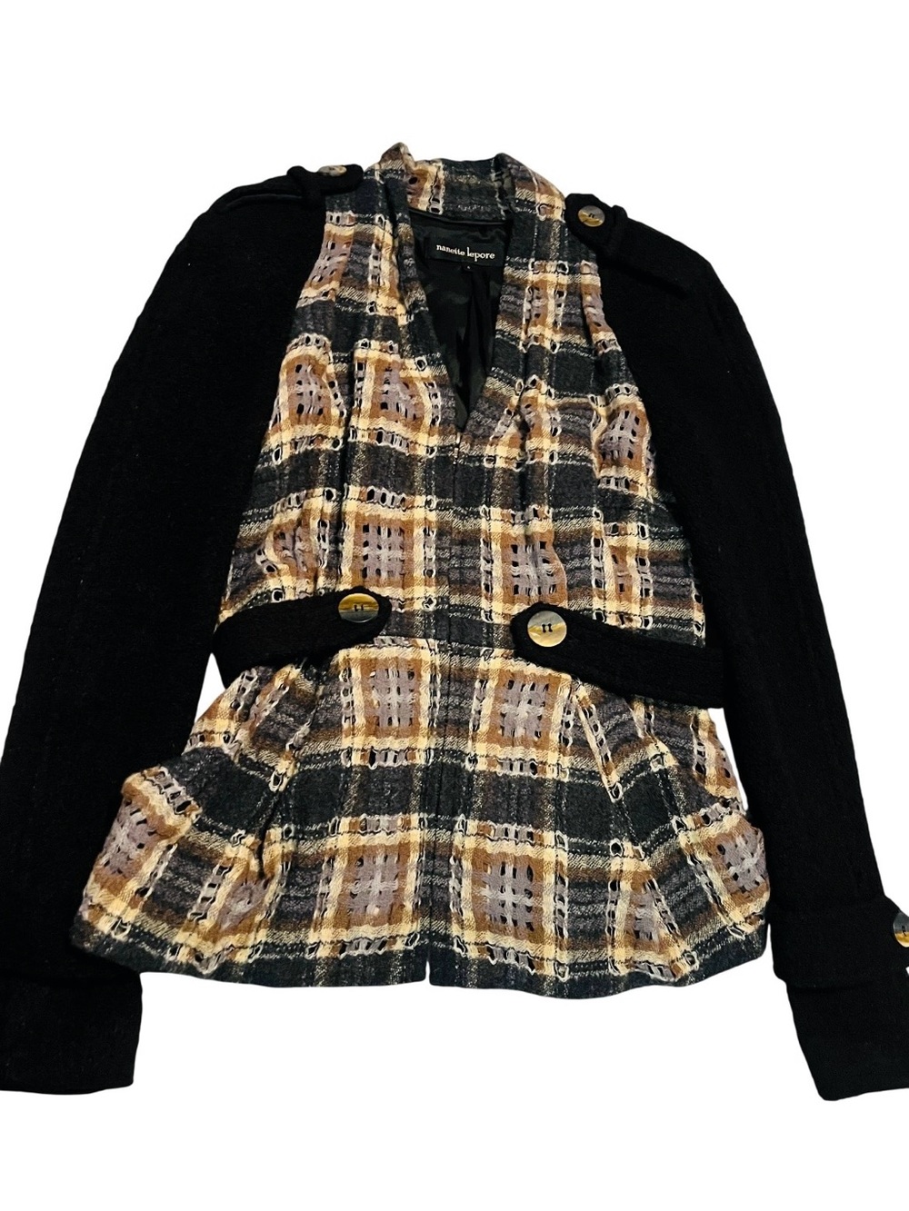 Nanette Lepore Black and Mustard Plaid Peplum Blazer